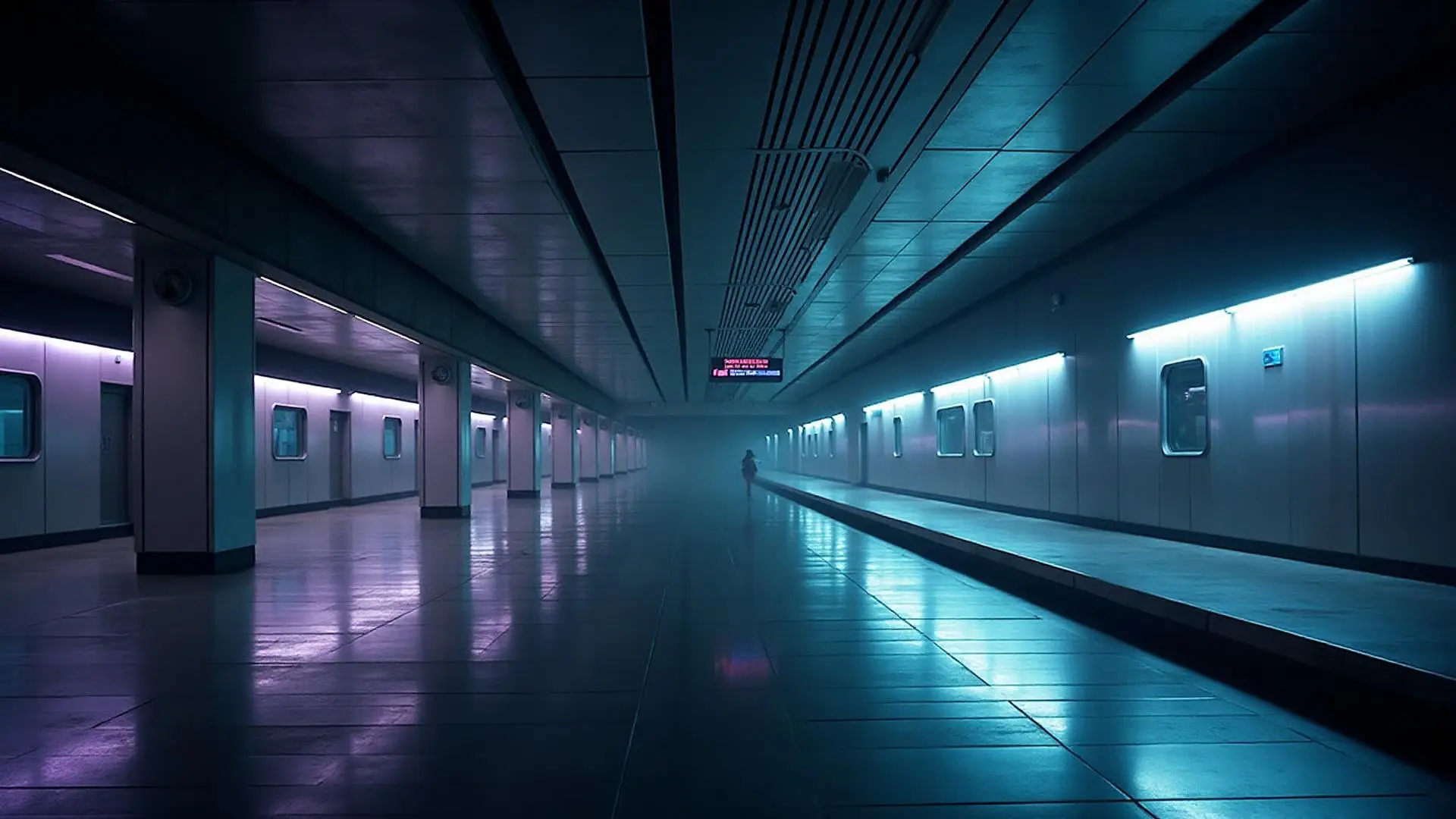 Empty underground station platform seen from a security camera